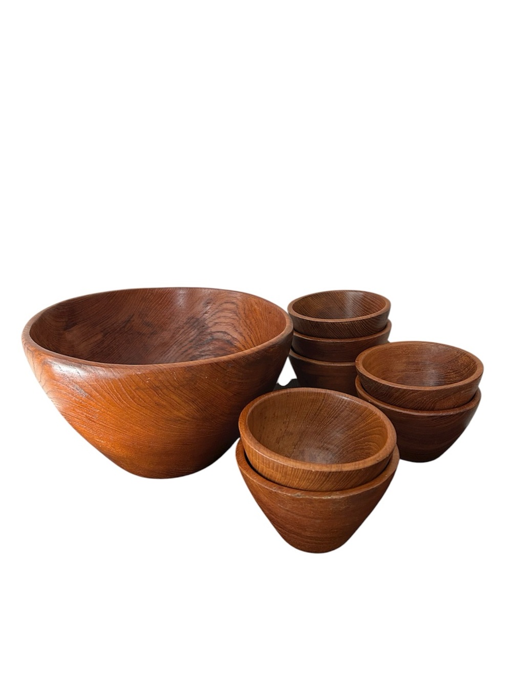 Vintage Mid Century Modern Solid Teak Wood Handmade Salad Bowl Set Brown 8 Pcs.